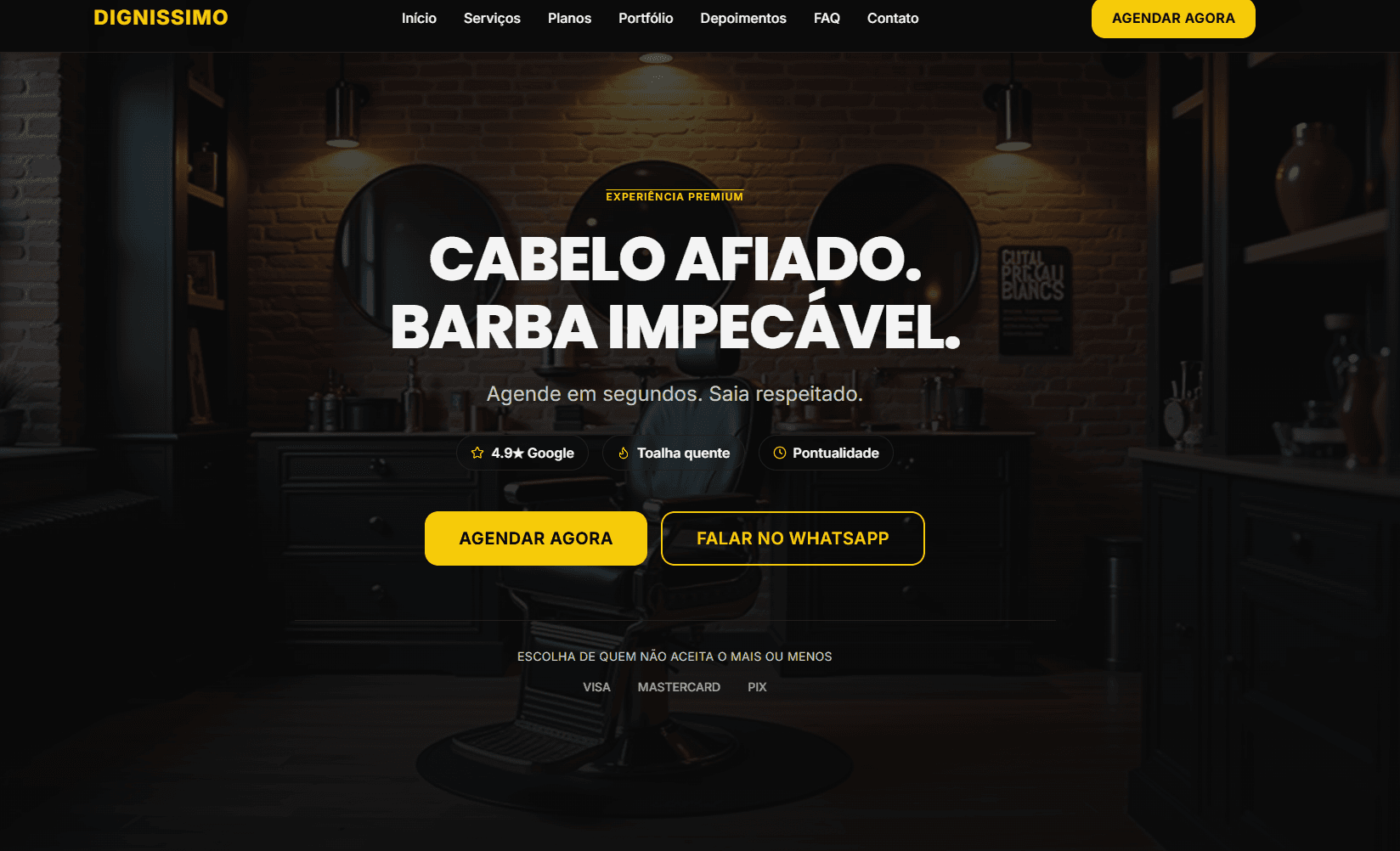 Barbearia Dignissimo landing page with an online appointment booking call-to-action