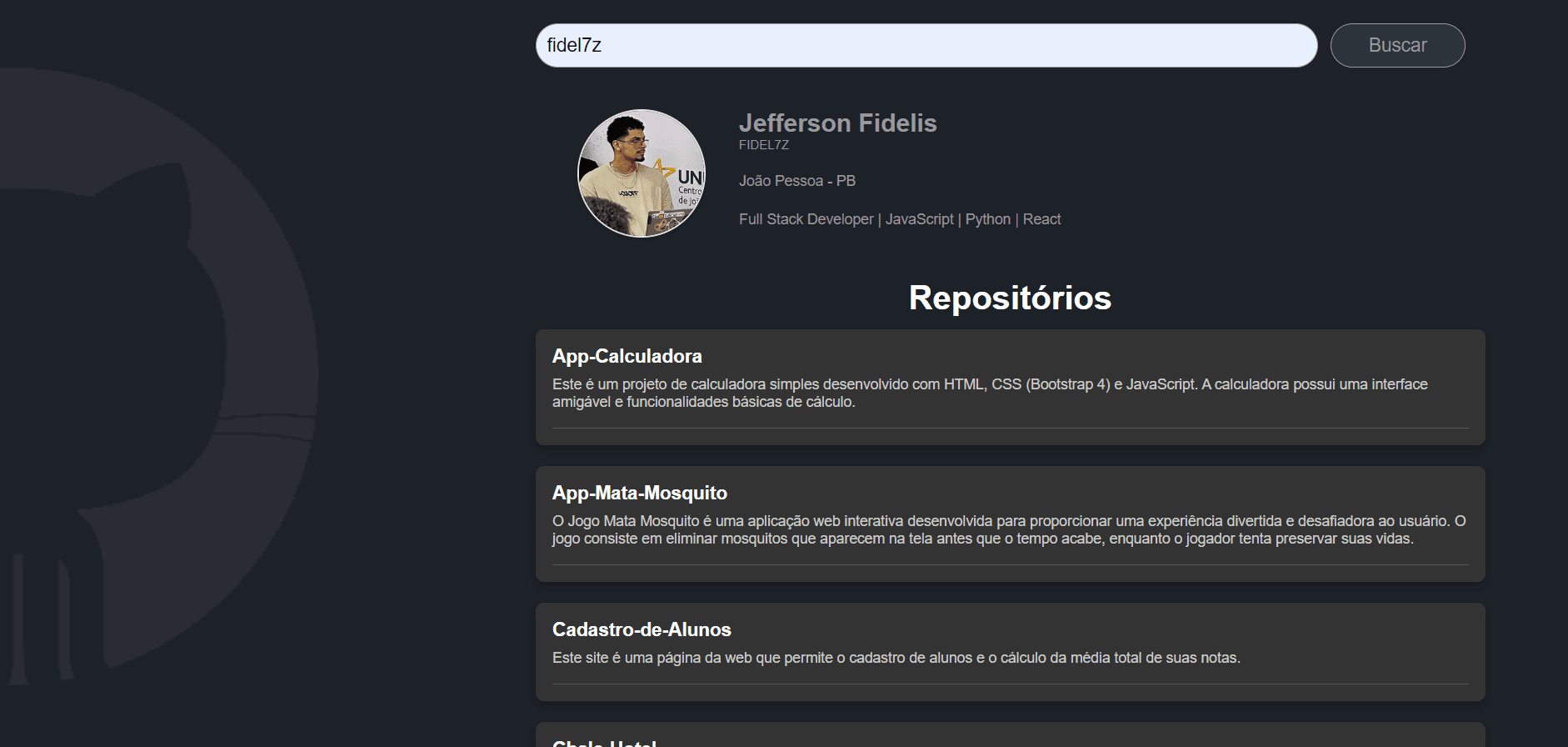 GitPerfil search interface for looking up a GitHub user's public profile