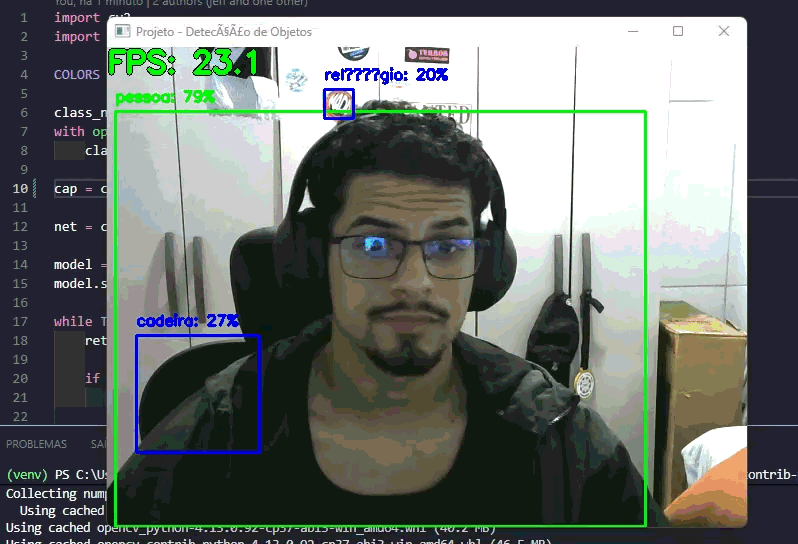 Live video feed with bounding boxes, class labels, and confidence scores drawn around detected objects and people