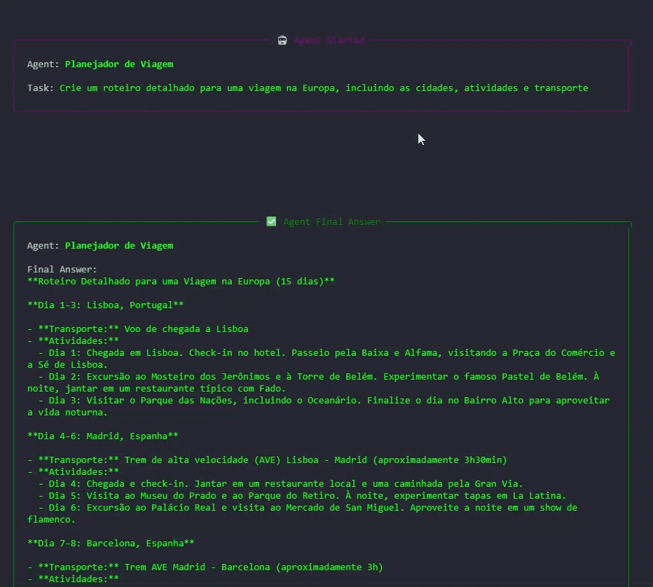 Terminal output showing a CrewAI multi-agent run generating a travel itinerary and budget breakdown
